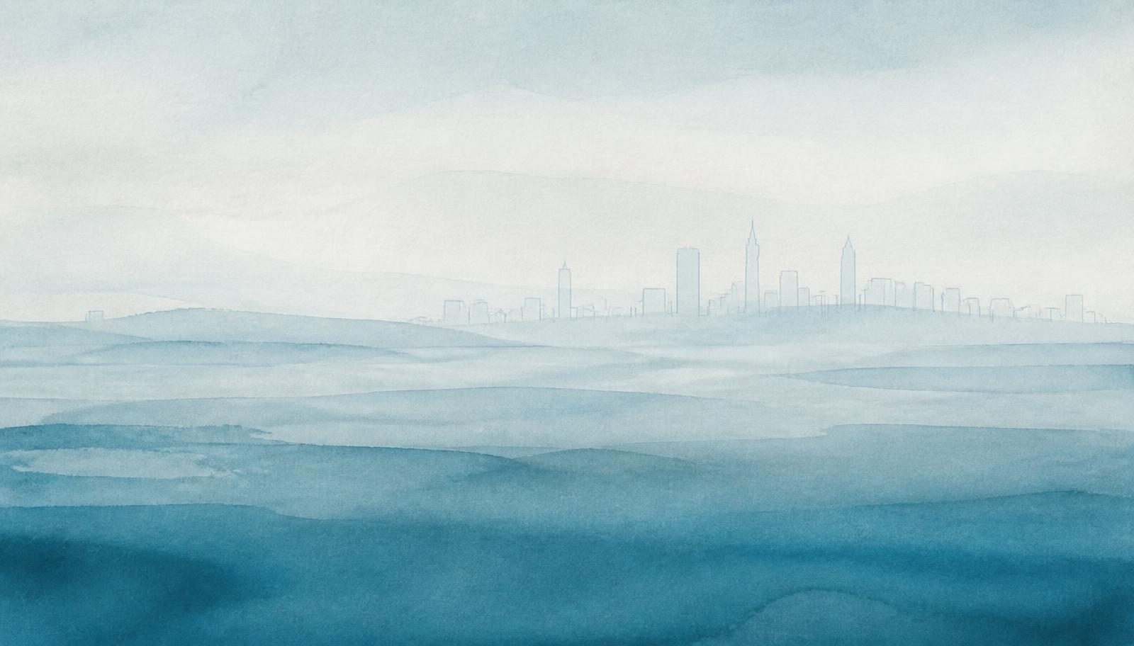 Soft blue watercolor horizon with a faint city skyline